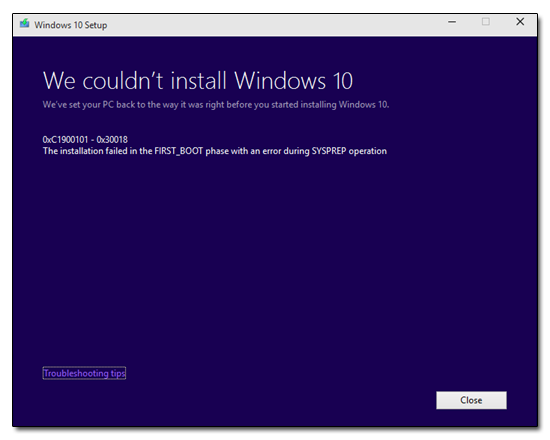 Error instalacion Windows 10